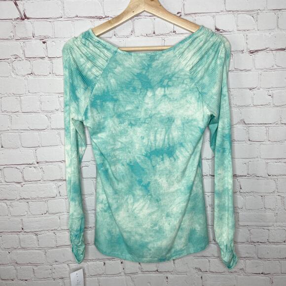 Fever Blue Green Tie Dye Long Sleeve Square Neck Ribbed Top Womens Medium New - Picture 7 of 7